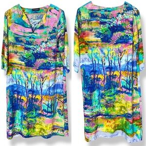 Pazuki London Dress Colorful Vibrant Shift 3/4 Length Sleeves Size Small Scenery
